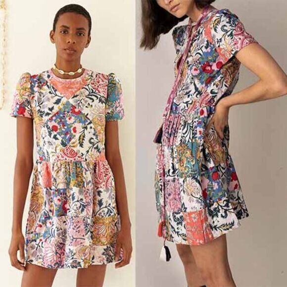NEW Alix Of Bohemia Mila Patchwork Round Neck Tie Mini Dress Multi Color Size XS - Picture 1 of 8